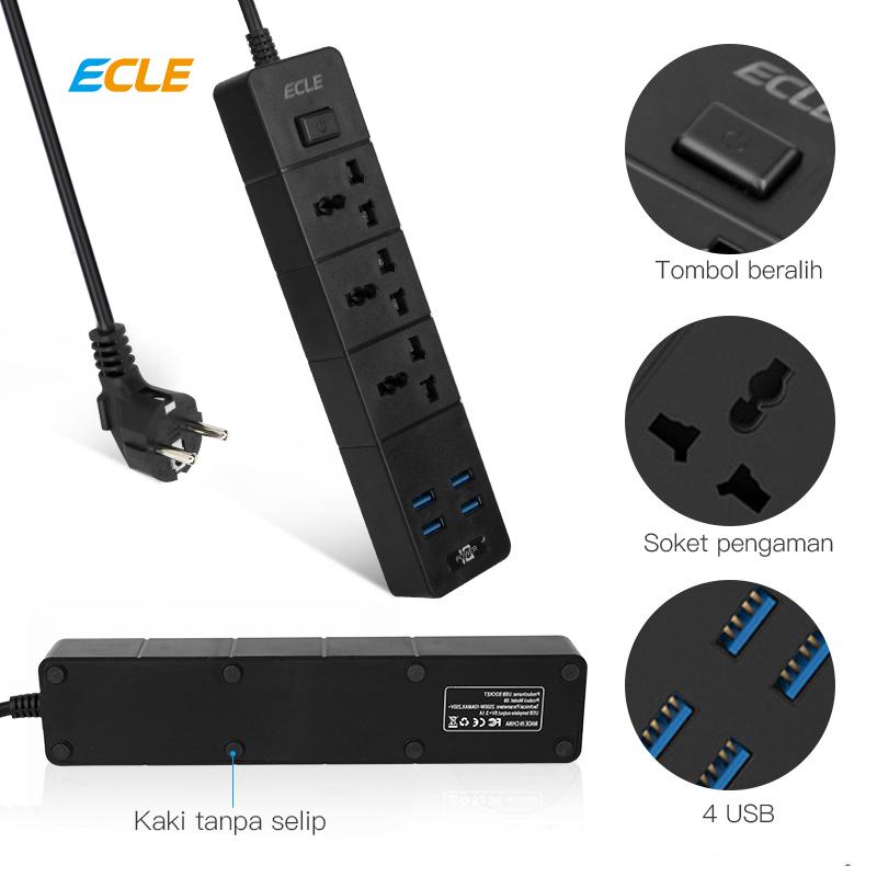 ECLE Power Socket - 3 Power Socket + 4 USB Charging Port